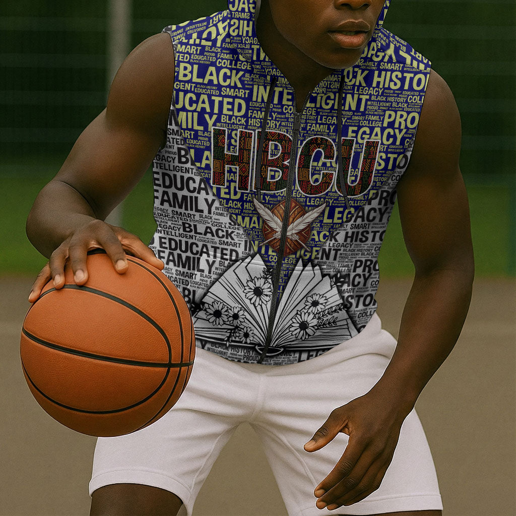 HBCU Black History Legacy Sleeveless Zip Hoodie Word Cloud African Shield Knowledge Book