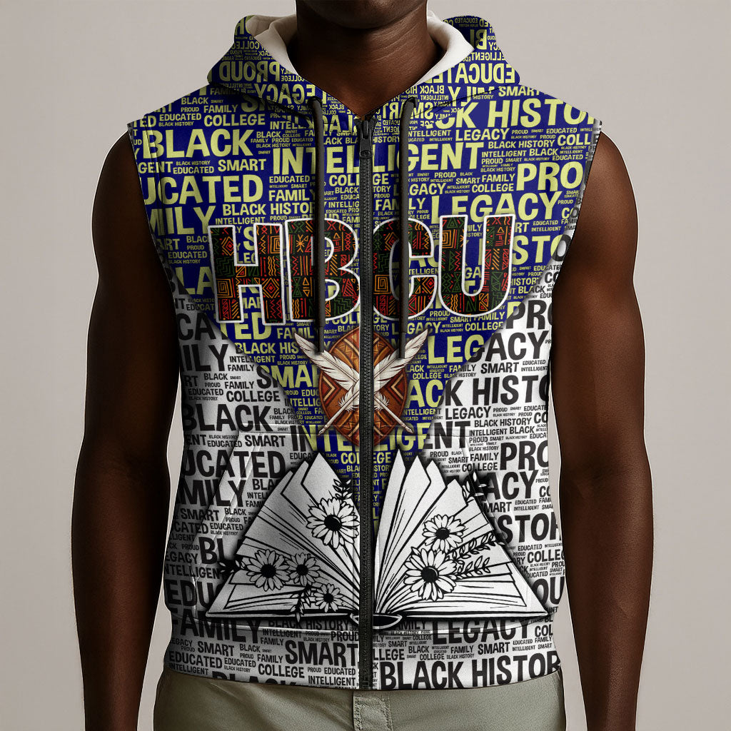 HBCU Black History Legacy Sleeveless Zip Hoodie Word Cloud African Shield Knowledge Book