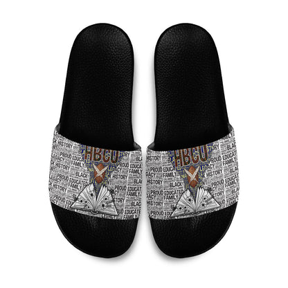 HBCU Black History Legacy Slide Sandals Word Cloud African Shield Knowledge Book