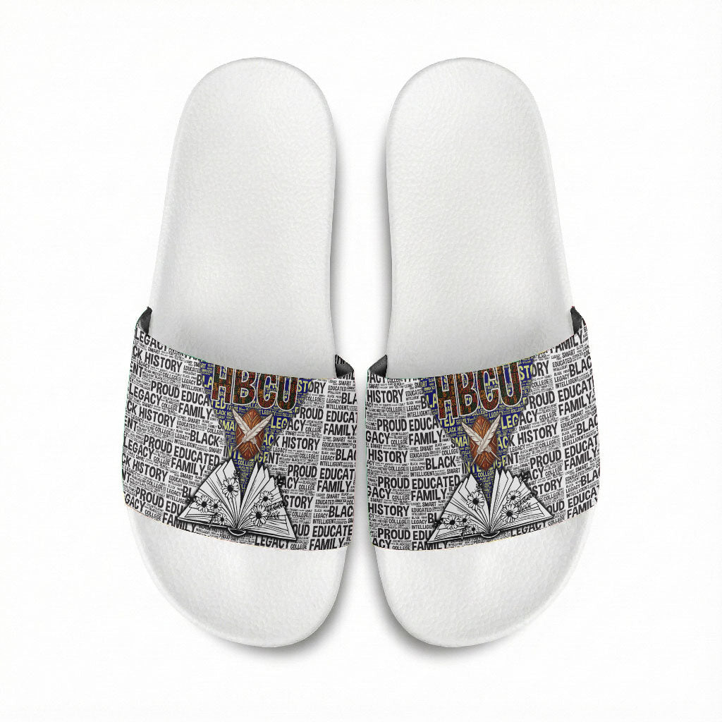 HBCU Black History Legacy Slide Sandals Word Cloud African Shield Knowledge Book