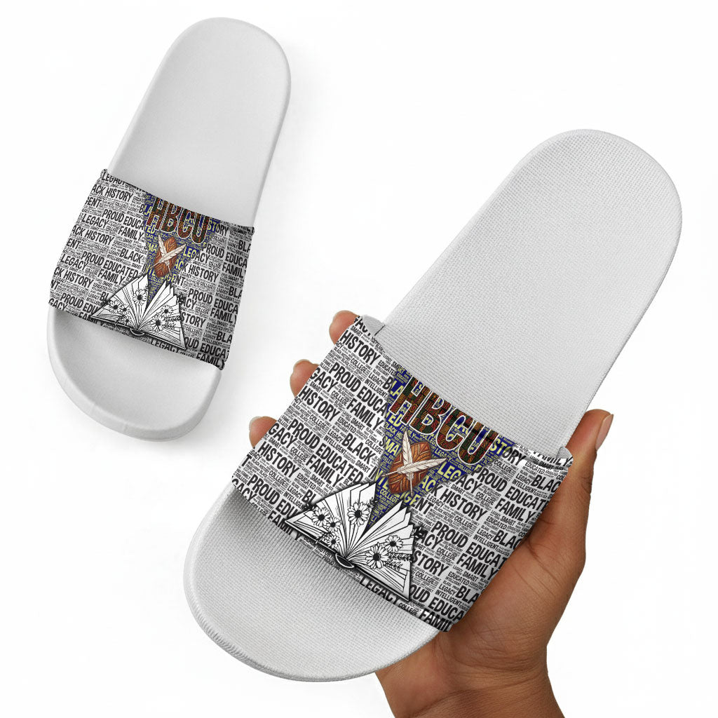 HBCU Black History Legacy Slide Sandals Word Cloud African Shield Knowledge Book