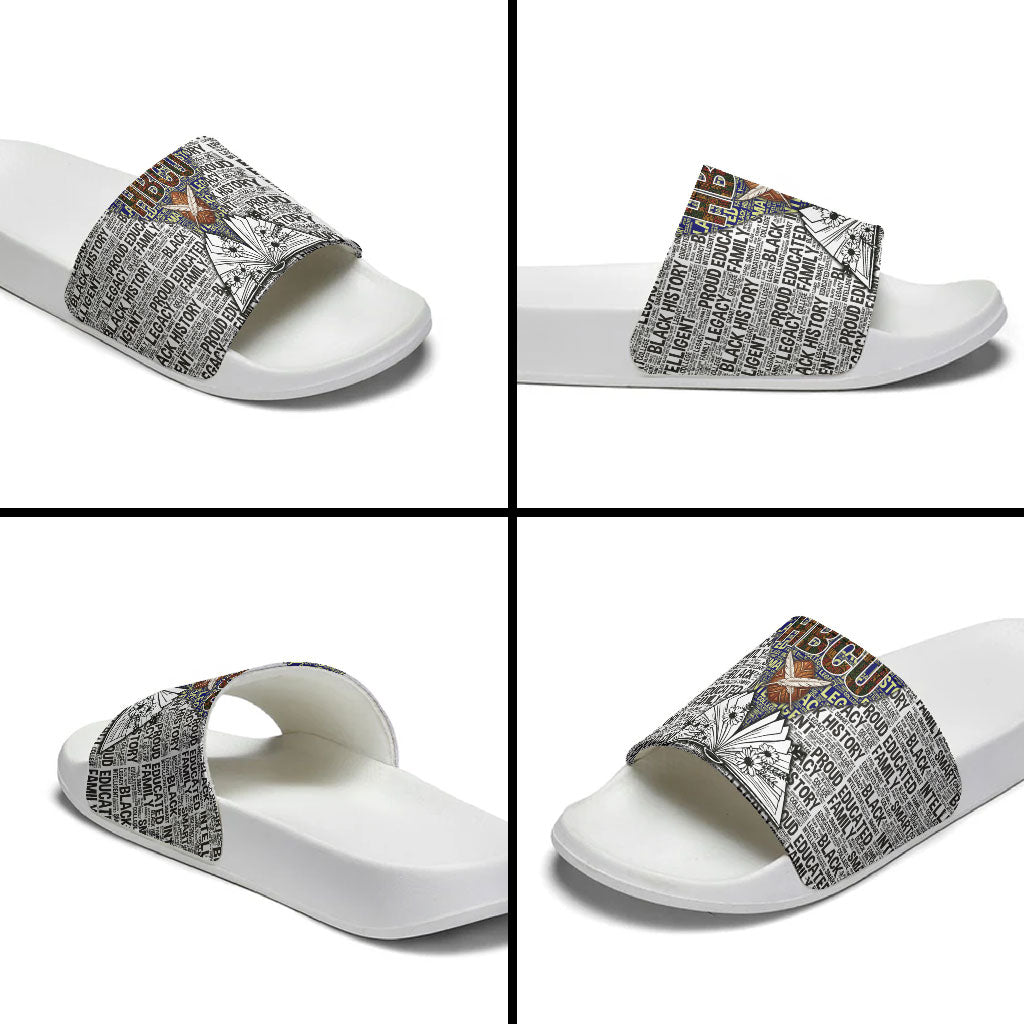 HBCU Black History Legacy Slide Sandals Word Cloud African Shield Knowledge Book