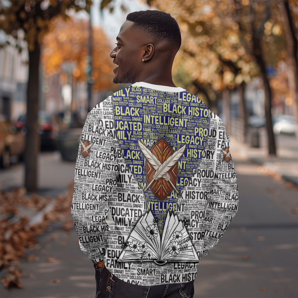 HBCU Black History Legacy Sweatshirt Word Cloud African Shield Knowledge Book