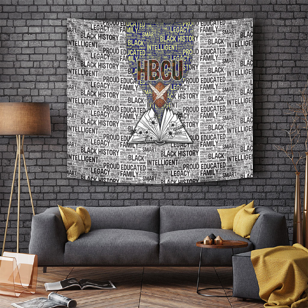 HBCU Black History Legacy Tapestry Word Cloud African Shield Knowledge Book