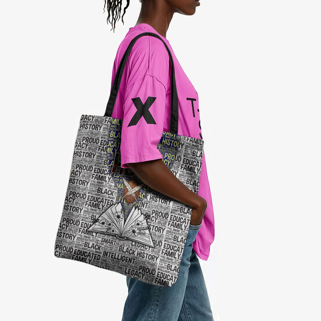 HBCU Black History Legacy Tote Bag Word Cloud African Shield Knowledge Book