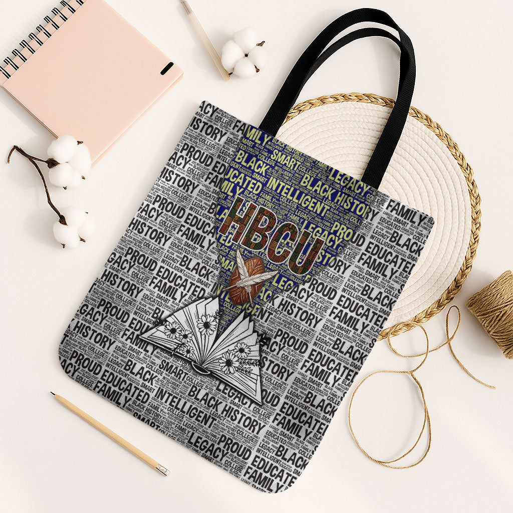HBCU Black History Legacy Tote Bag Word Cloud African Shield Knowledge Book