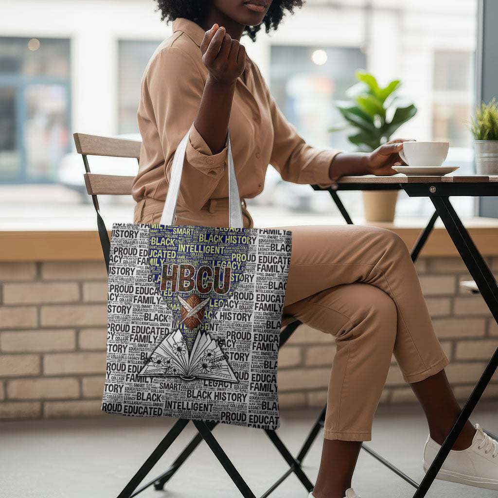 HBCU Black History Legacy Tote Bag Word Cloud African Shield Knowledge Book
