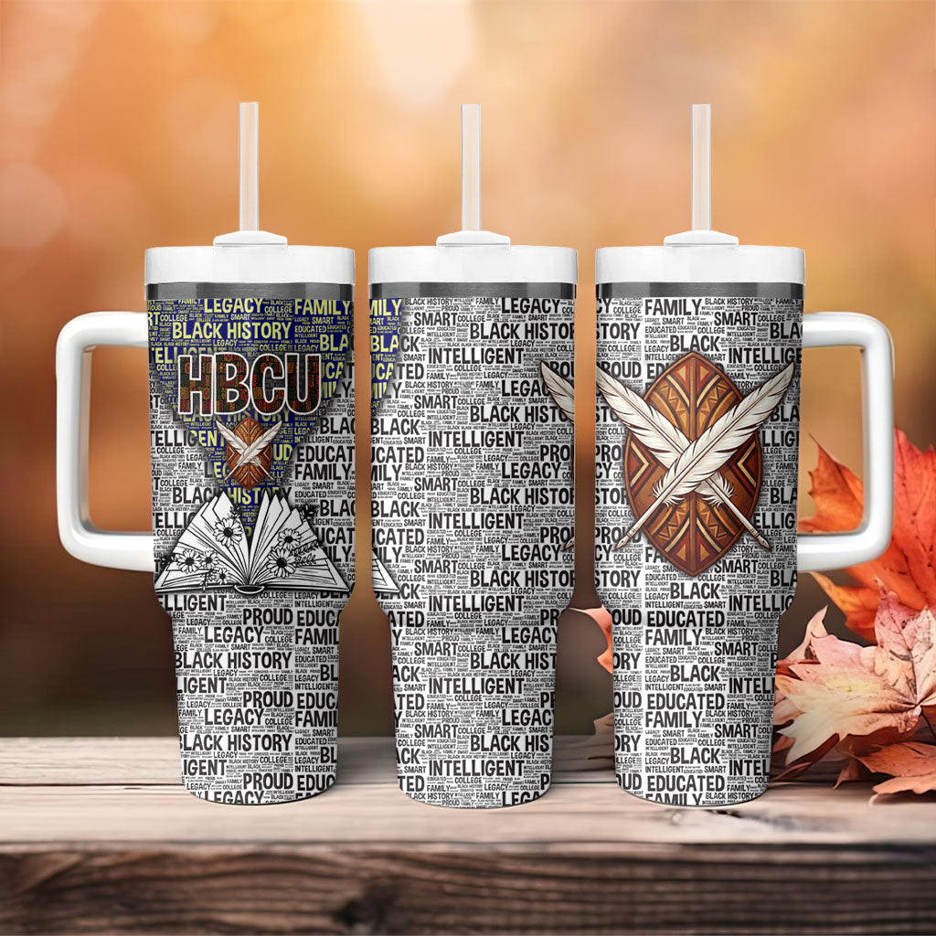HBCU Black History Legacy Tumbler With Handle Word Cloud African Shield Knowledge Book