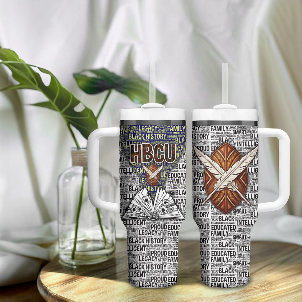 HBCU Black History Legacy Tumbler With Handle Word Cloud African Shield Knowledge Book