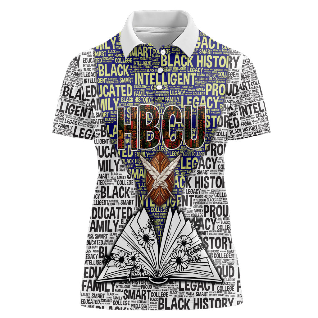 HBCU Black History Legacy Women Polo Shirt Word Cloud African Shield Knowledge Book