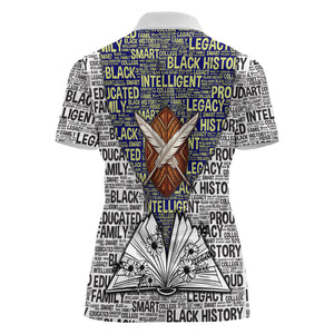 HBCU Black History Legacy Women Polo Shirt Word Cloud African Shield Knowledge Book