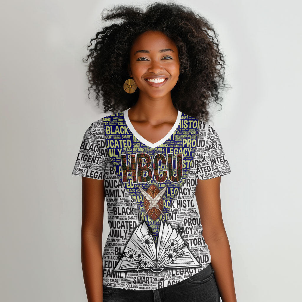 HBCU Black History Legacy Women V-Neck T-Shirt Word Cloud African Shield Knowledge Book