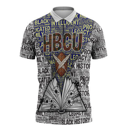 HBCU Black History Legacy Zipper Polo Shirt Word Cloud African Shield Knowledge Book