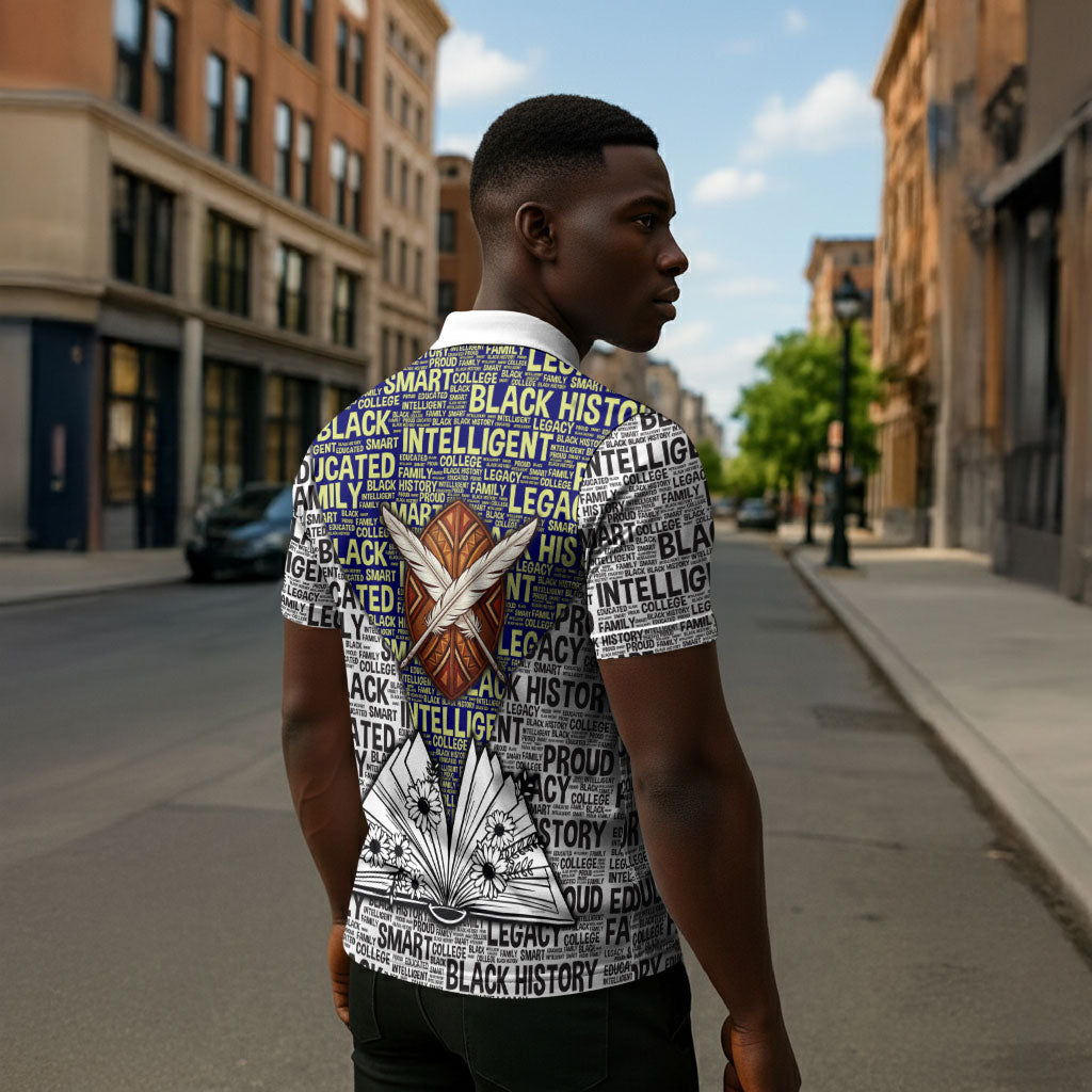 HBCU Black History Legacy Zipper Polo Shirt Word Cloud African Shield Knowledge Book