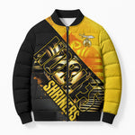 Nobles Shriners Pharaoh Bomber Puffer Jacket Egyptian Pharaoh King Tut Art With Gold Scimitar Emblem