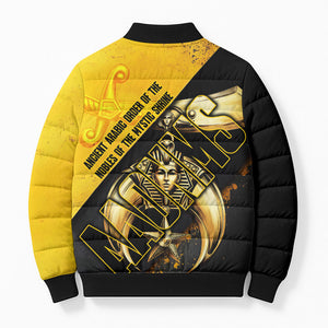 Nobles Shriners Pharaoh Bomber Puffer Jacket Egyptian Pharaoh King Tut Art With Gold Scimitar Emblem