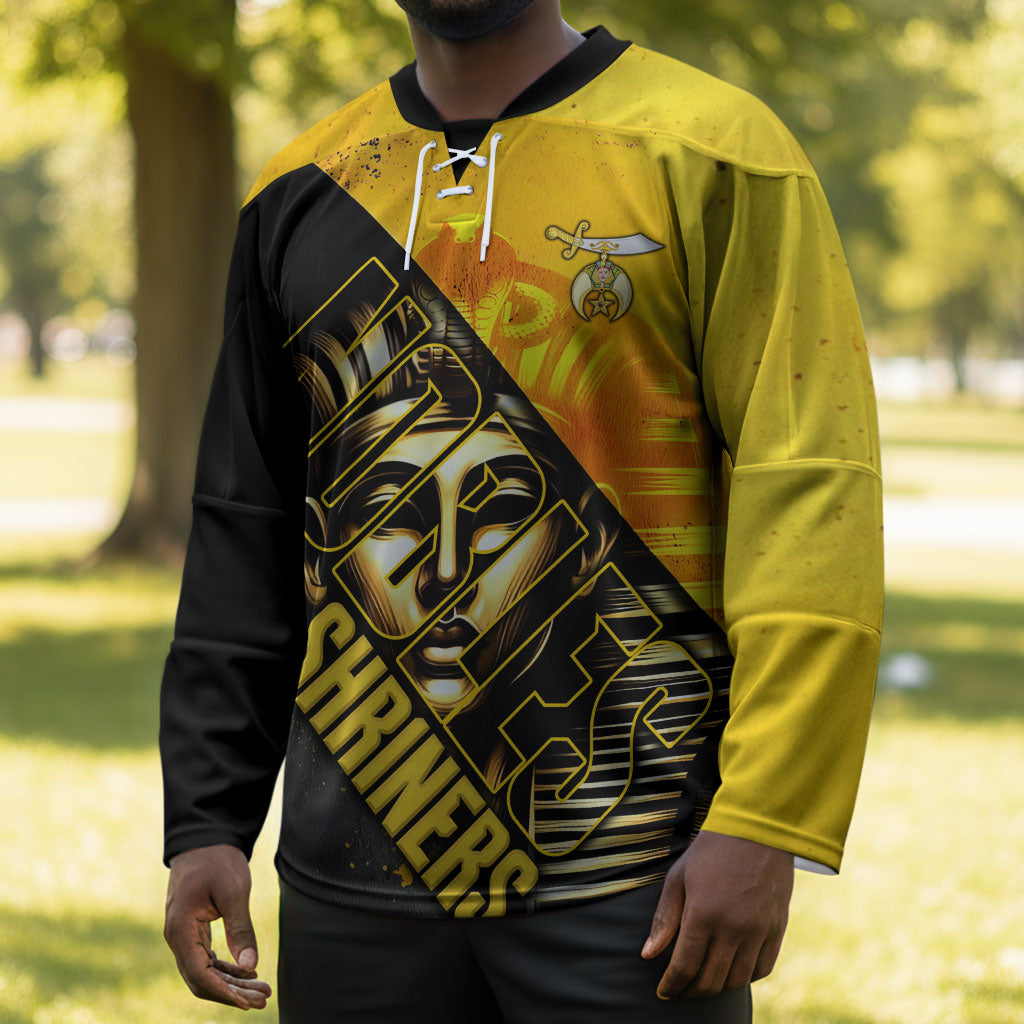 Nobles Shriners Pharaoh Hockey Jersey Egyptian Pharaoh King Tut Art With Gold Scimitar Emblem