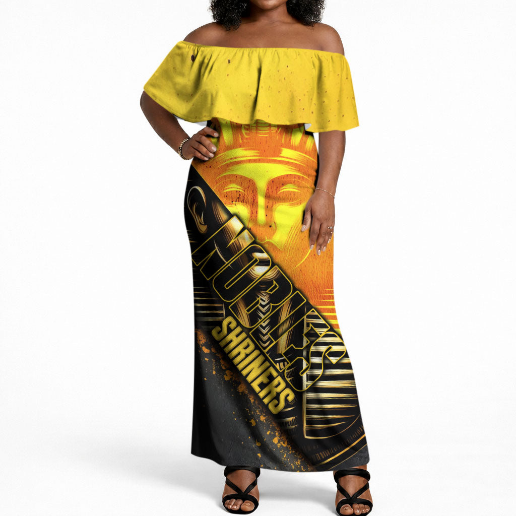 Nobles Shriners Pharaoh Off Shoulder Maxi Dress Egyptian Pharaoh King Tut Art With Gold Scimitar Emblem