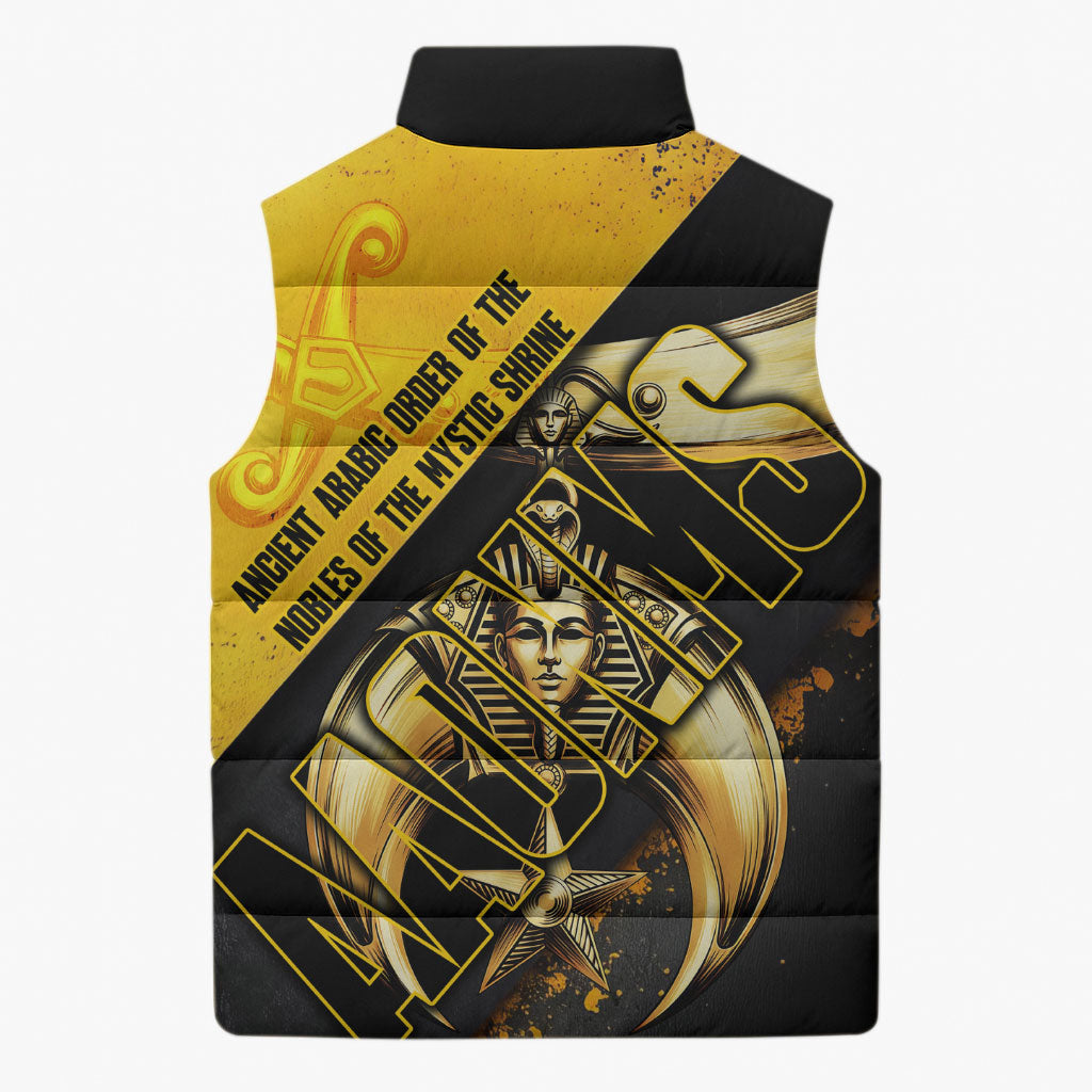Nobles Shriners Pharaoh Sleeveless Puffer Jacket Egyptian Pharaoh King Tut Art With Gold Scimitar Emblem