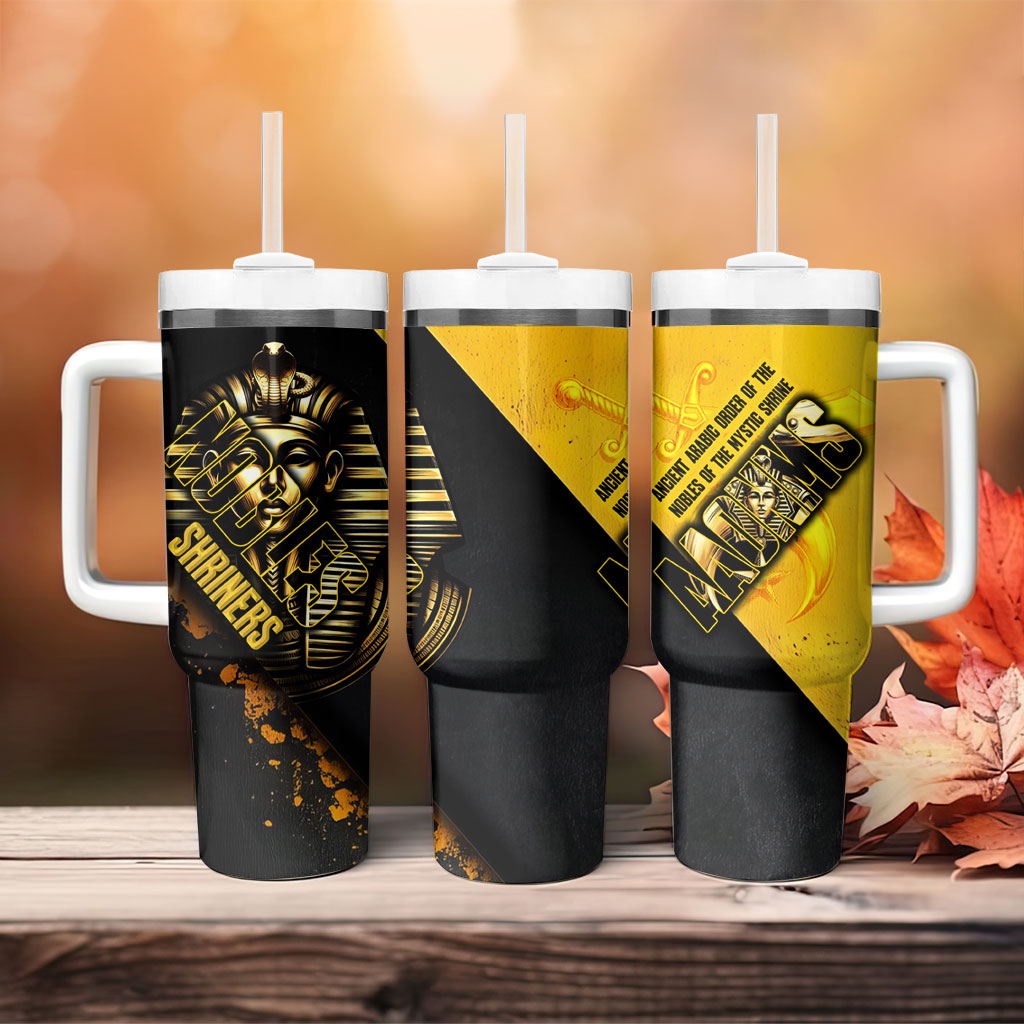 Nobles Shriners Pharaoh Tumbler With Handle Egyptian Pharaoh King Tut Art With Gold Scimitar Emblem