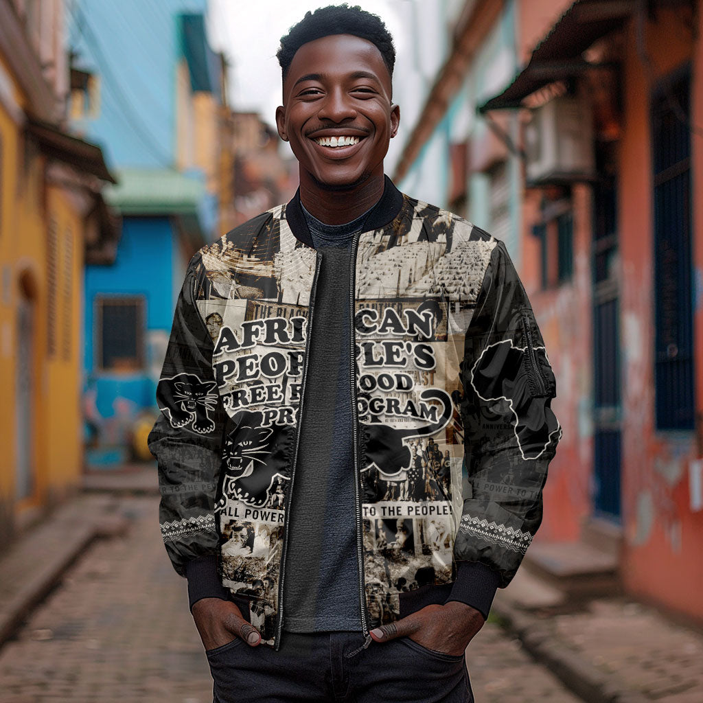 African People's Free Food Program Sleeve Zip Bomber Jacket Black Panther Newspaper Collage Black Panther Party