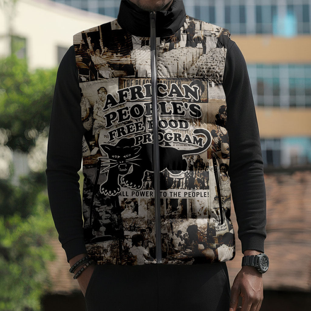 African People's Free Food Program Sleeveless Puffer Jacket Black Panther Newspaper Collage Black Panther Party