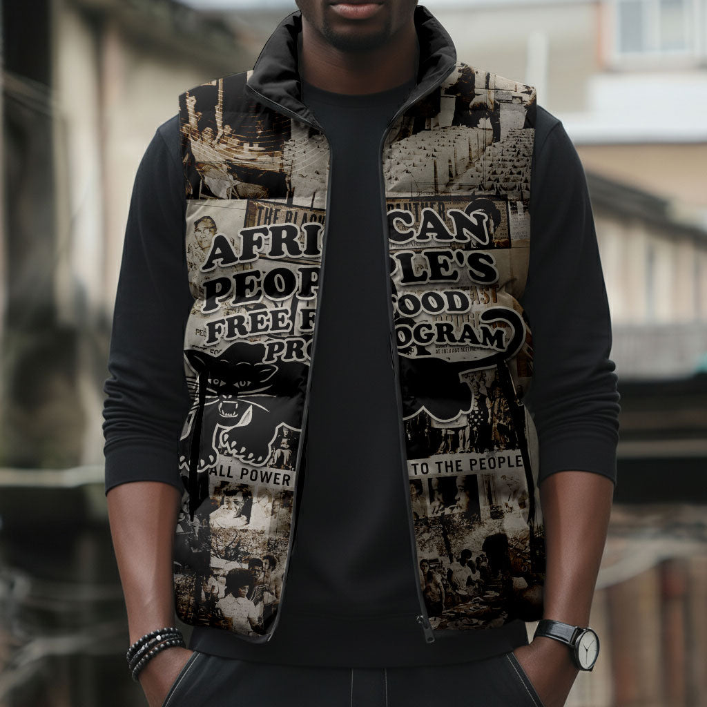 African People's Free Food Program Sleeveless Puffer Jacket Black Panther Newspaper Collage Black Panther Party