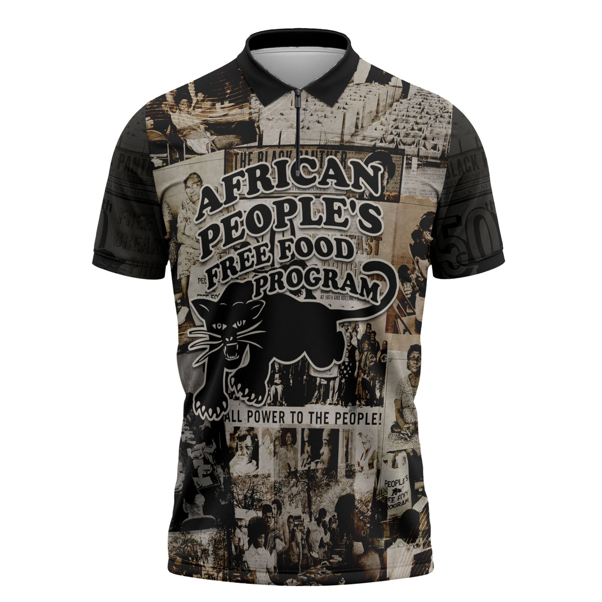 African People's Free Food Program Zipper Polo Shirt Black Panther Newspaper Collage Black Panther Party