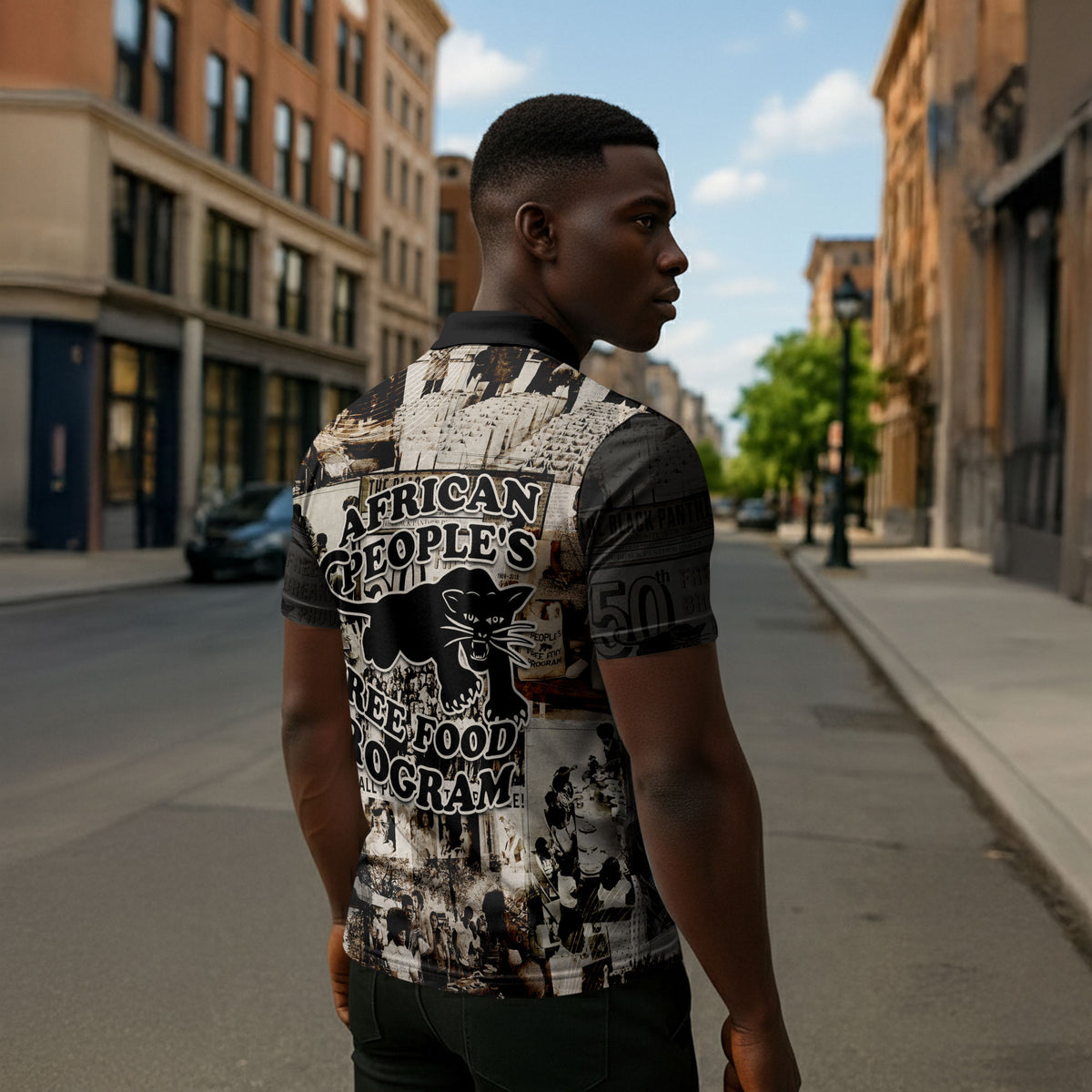 African People's Free Food Program Zipper Polo Shirt Black Panther Newspaper Collage Black Panther Party