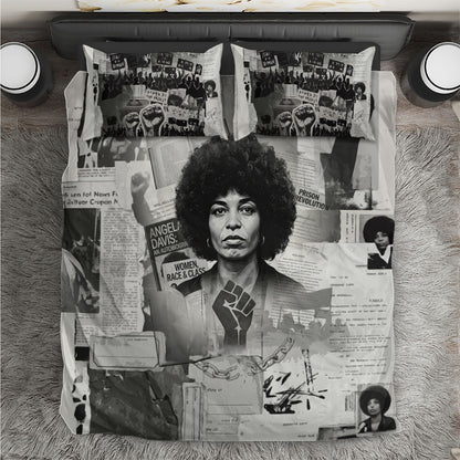 Angela Davis Black History Rights Activism Bedding Set Vintage Newspaper Collage Retro Protest Art