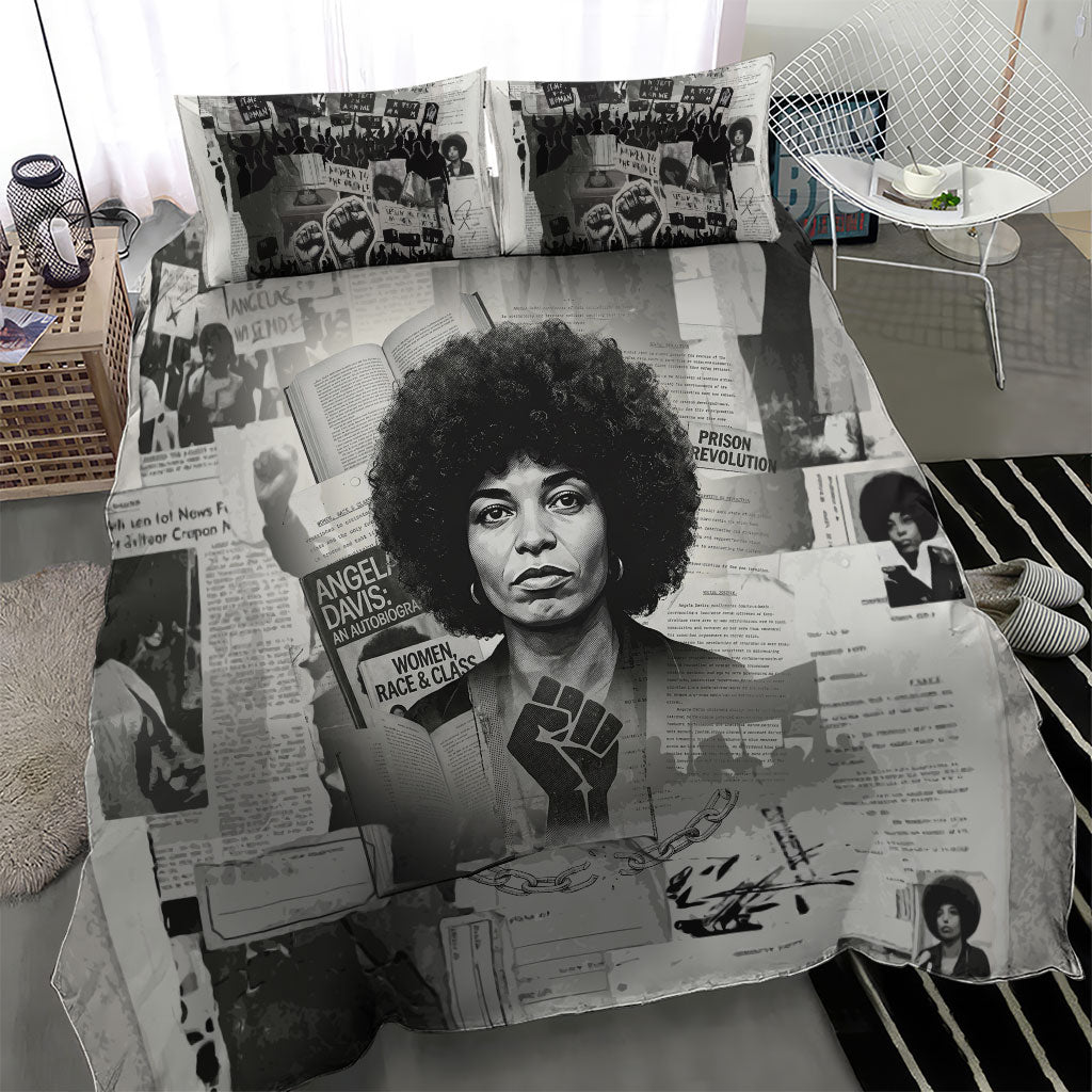 Angela Davis Black History Rights Activism Bedding Set Vintage Newspaper Collage Retro Protest Art