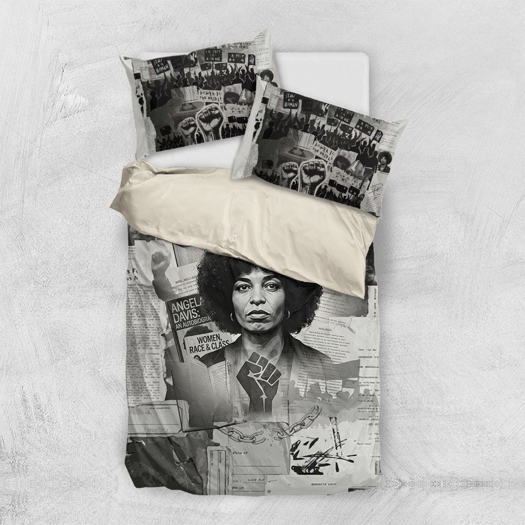 Angela Davis Black History Rights Activism Bedding Set Vintage Newspaper Collage Retro Protest Art