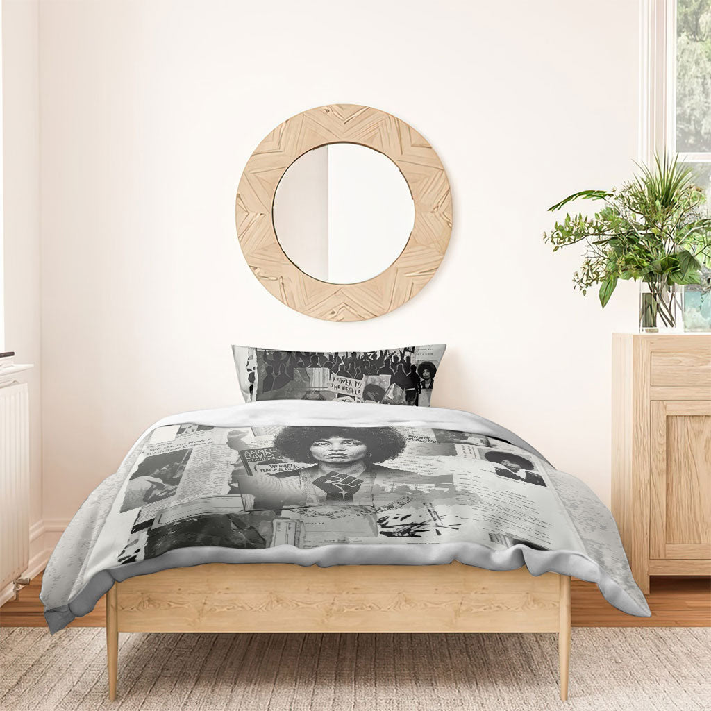 Angela Davis Black History Rights Activism Bedding Set Vintage Newspaper Collage Retro Protest Art