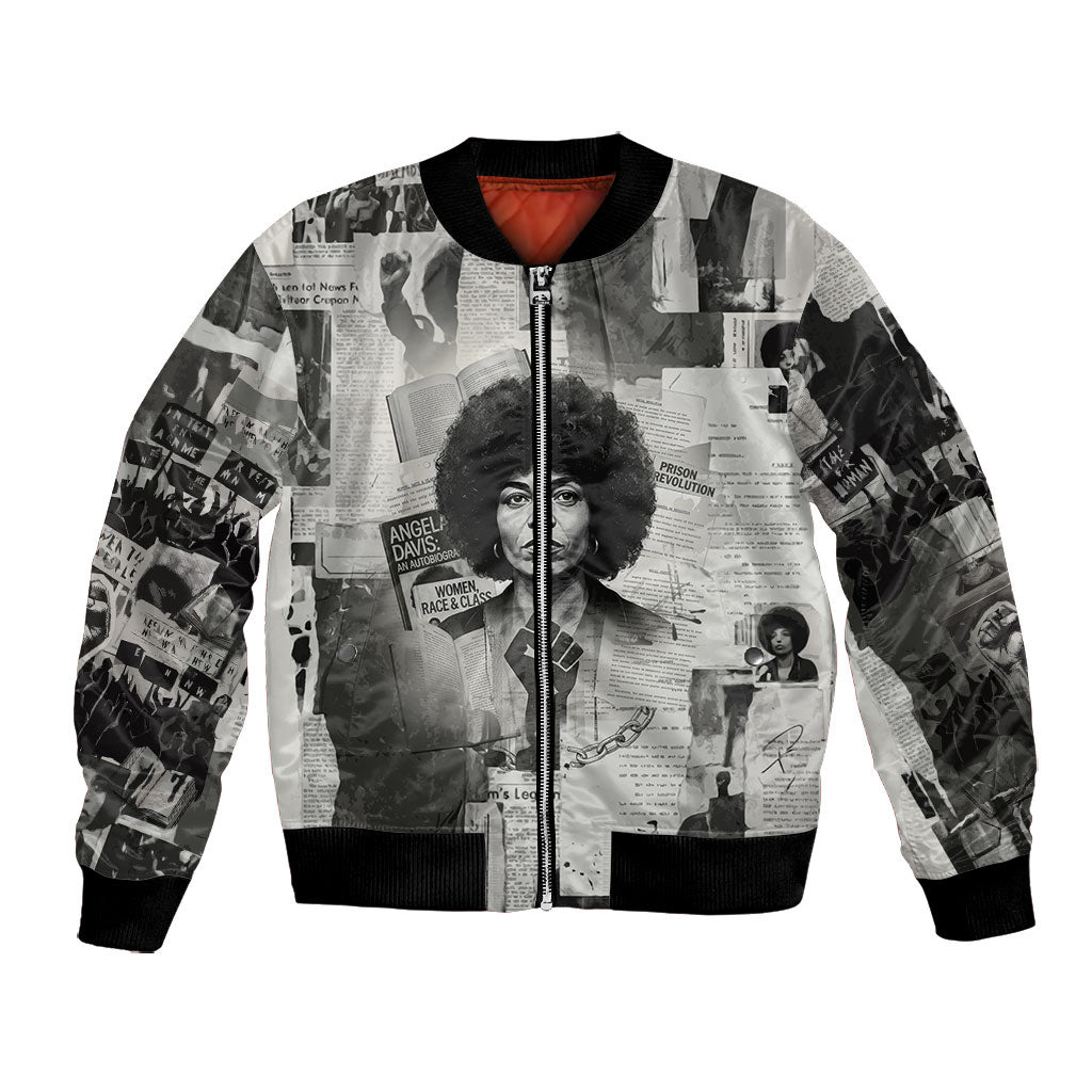 Angela Davis Black History Rights Activism Bomber Jacket Vintage Newspaper Collage Retro Protest Art