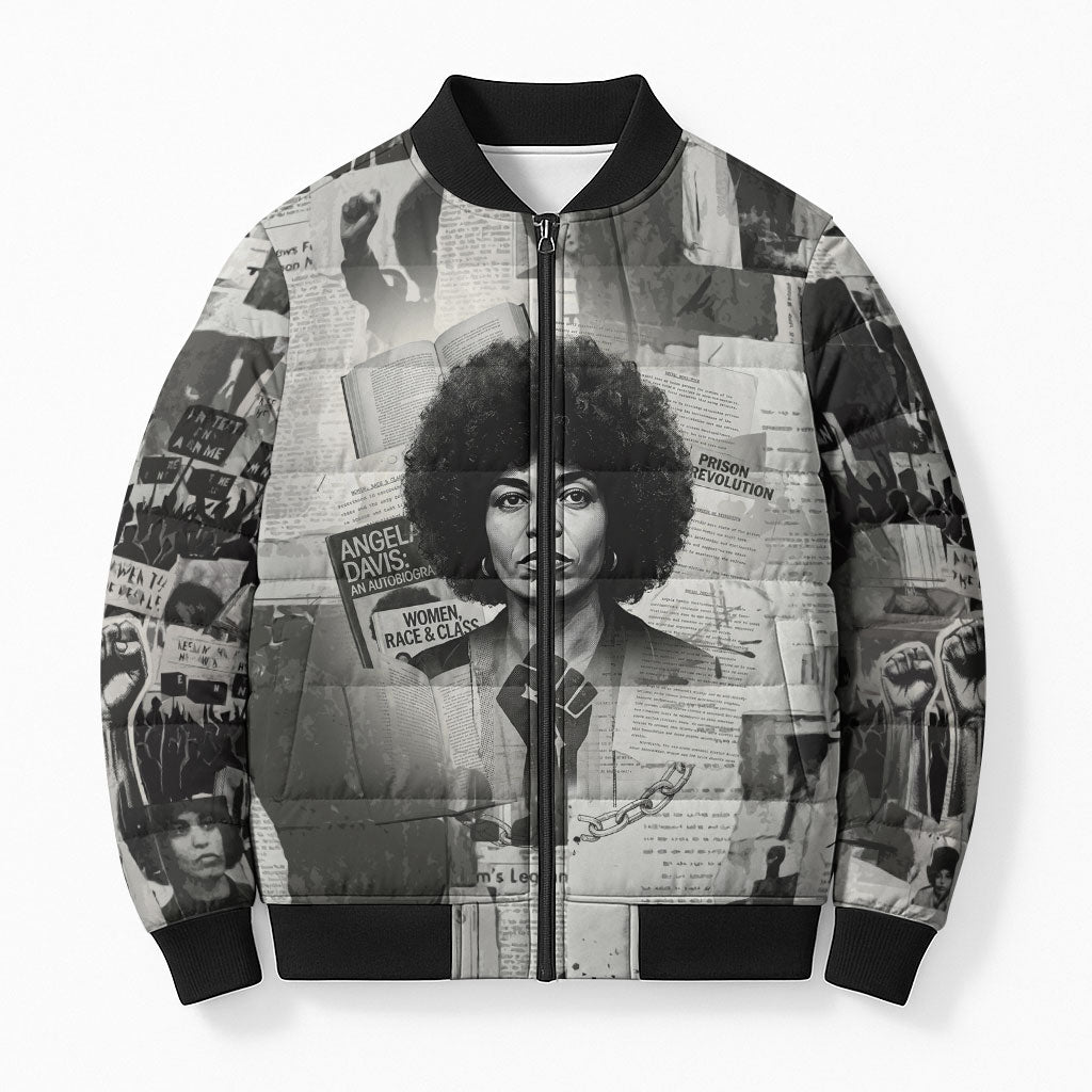 Angela Davis Black History Rights Activism Bomber Puffer Jacket Vintage Newspaper Collage Retro Protest Art