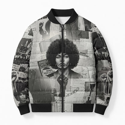 Angela Davis Black History Rights Activism Bomber Puffer Jacket Vintage Newspaper Collage Retro Protest Art