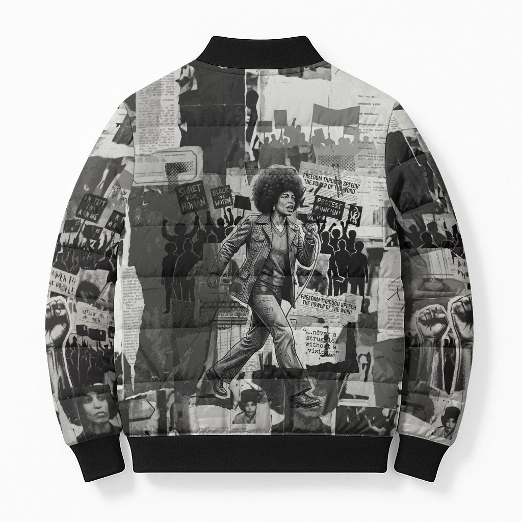 Angela Davis Black History Rights Activism Bomber Puffer Jacket Vintage Newspaper Collage Retro Protest Art