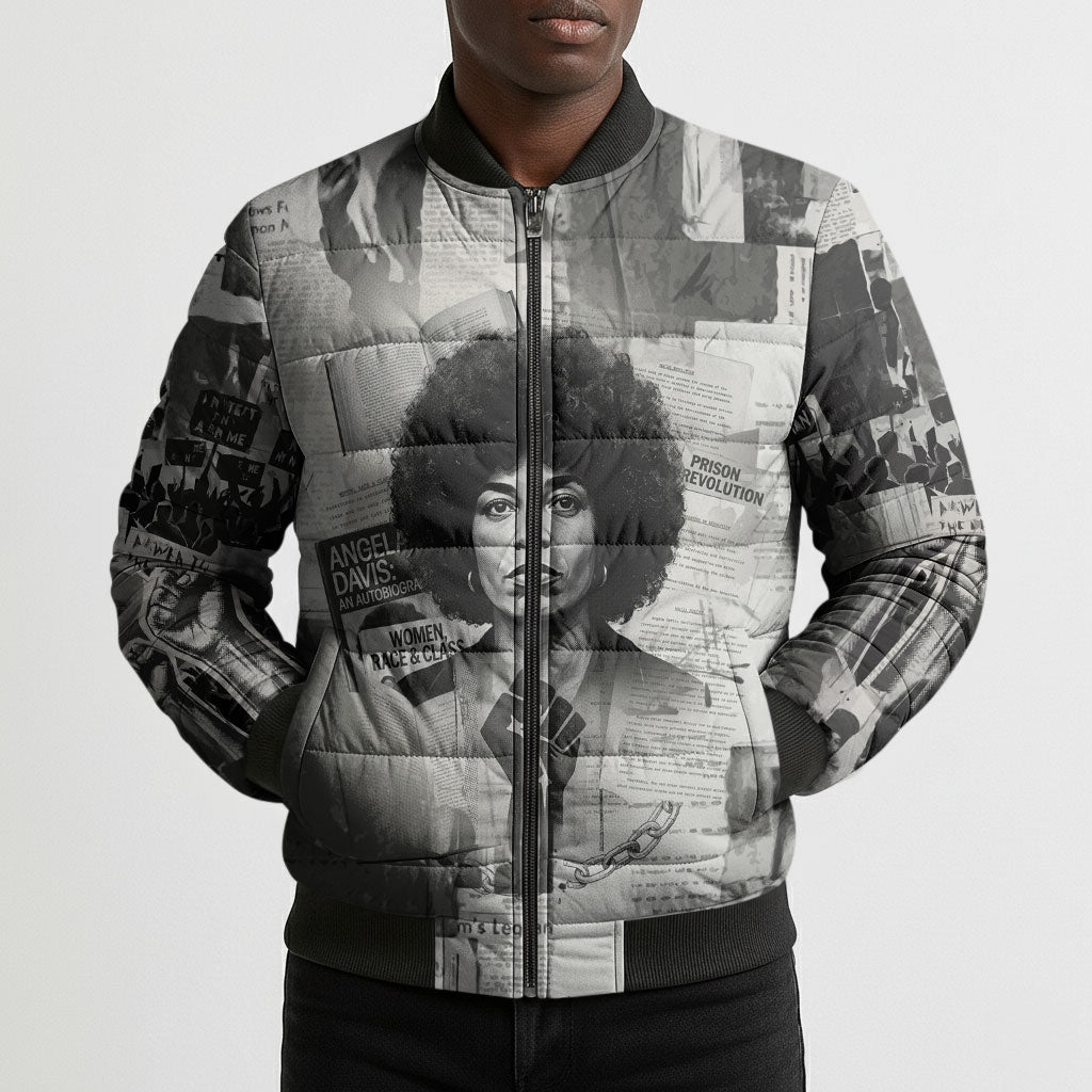 Angela Davis Black History Rights Activism Bomber Puffer Jacket Vintage Newspaper Collage Retro Protest Art