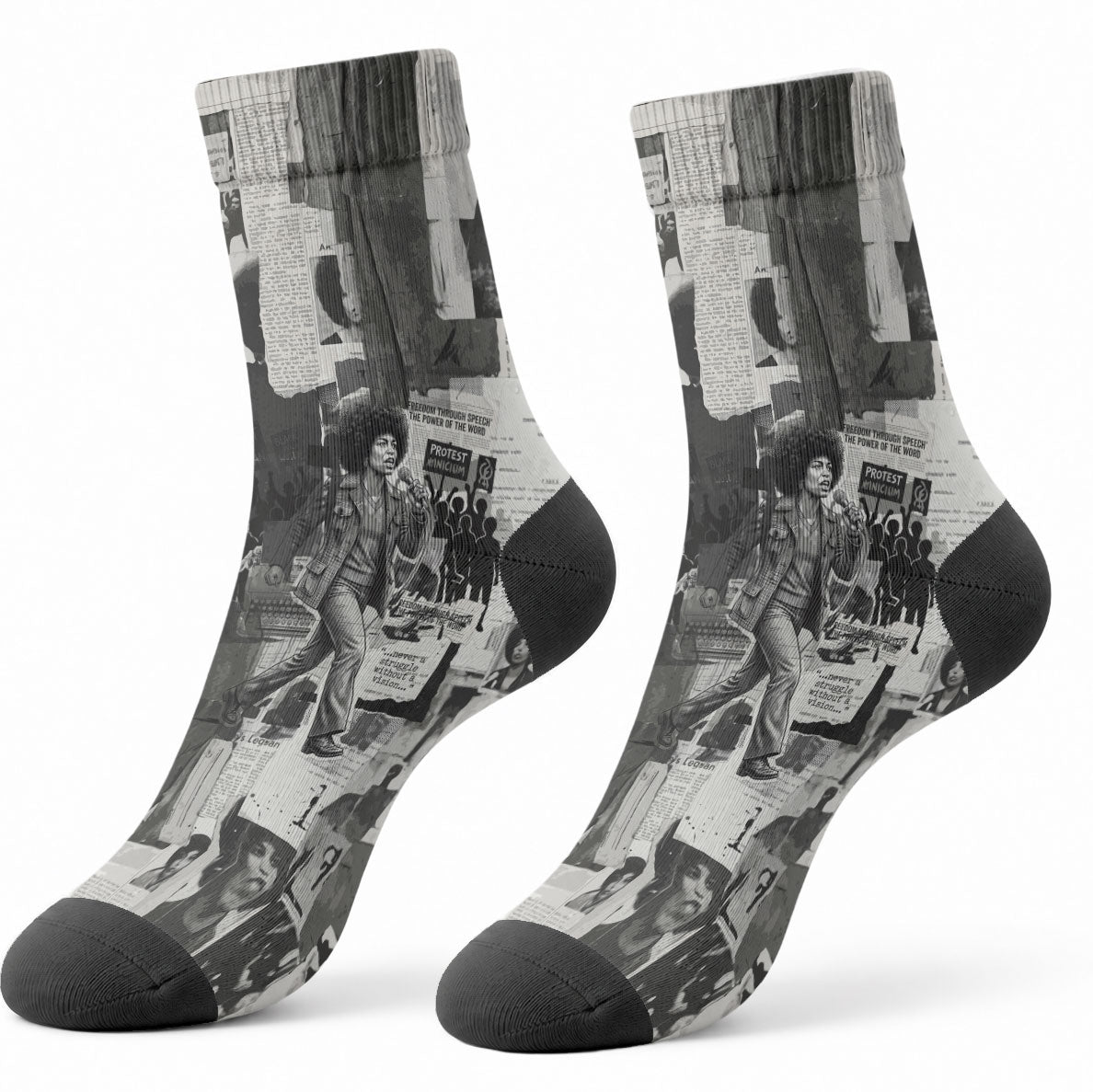 Angela Davis Black History Rights Activism Crew Socks Vintage Newspaper Collage Retro Protest Art