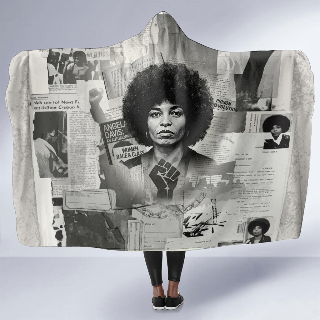 Angela Davis Black History Rights Activism Hooded Blanket Vintage Newspaper Collage Retro Protest Art