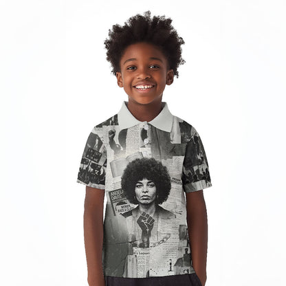 Angela Davis Black History Rights Activism Kid Polo Shirt Vintage Newspaper Collage Retro Protest Art