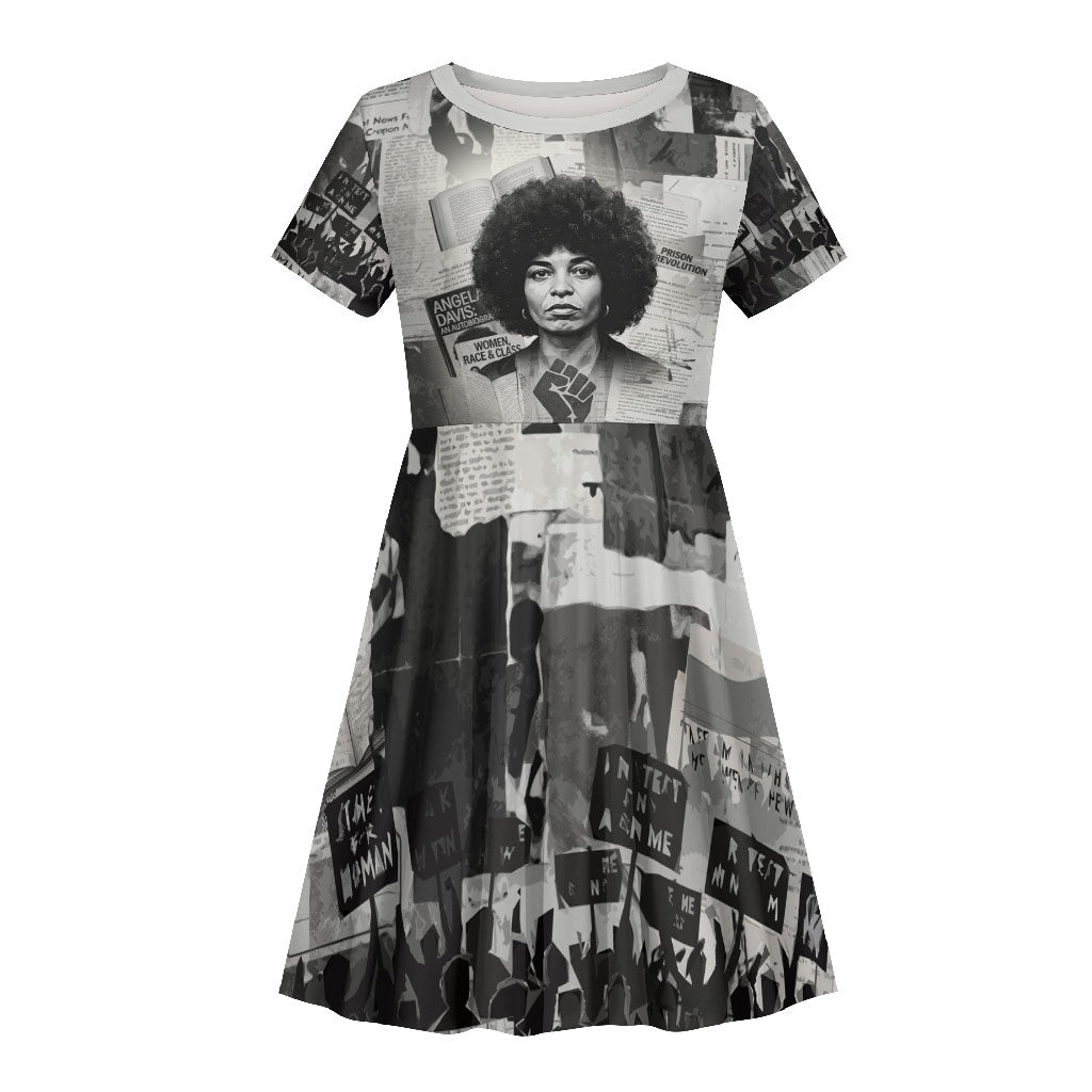 Angela Davis Black History Rights Activism Kid Short Sleeve Dress Vintage Newspaper Collage Retro Protest Art
