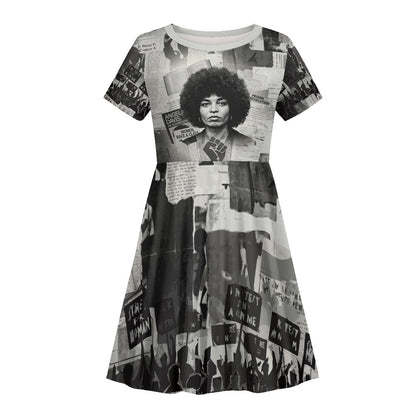 Angela Davis Black History Rights Activism Kid Short Sleeve Dress Vintage Newspaper Collage Retro Protest Art