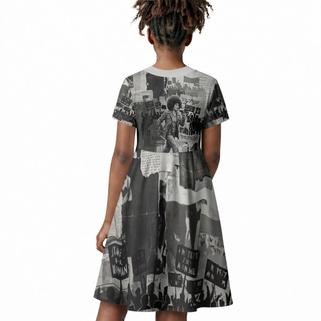 Angela Davis Black History Rights Activism Kid Short Sleeve Dress Vintage Newspaper Collage Retro Protest Art