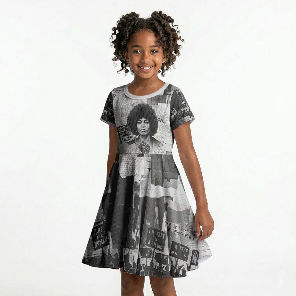 Angela Davis Black History Rights Activism Kid Short Sleeve Dress Vintage Newspaper Collage Retro Protest Art