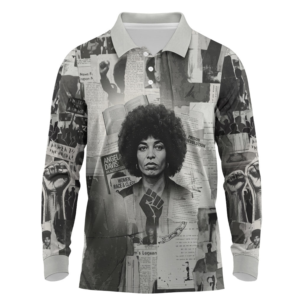 Angela Davis Black History Rights Activism Long Sleeve Polo Shirt Vintage Newspaper Collage Retro Protest Art