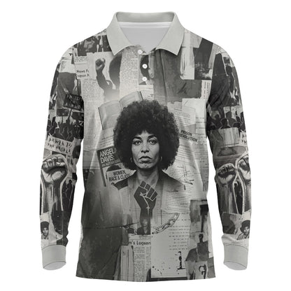 Angela Davis Black History Rights Activism Long Sleeve Polo Shirt Vintage Newspaper Collage Retro Protest Art