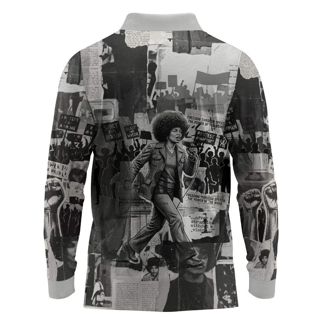 Angela Davis Black History Rights Activism Long Sleeve Polo Shirt Vintage Newspaper Collage Retro Protest Art