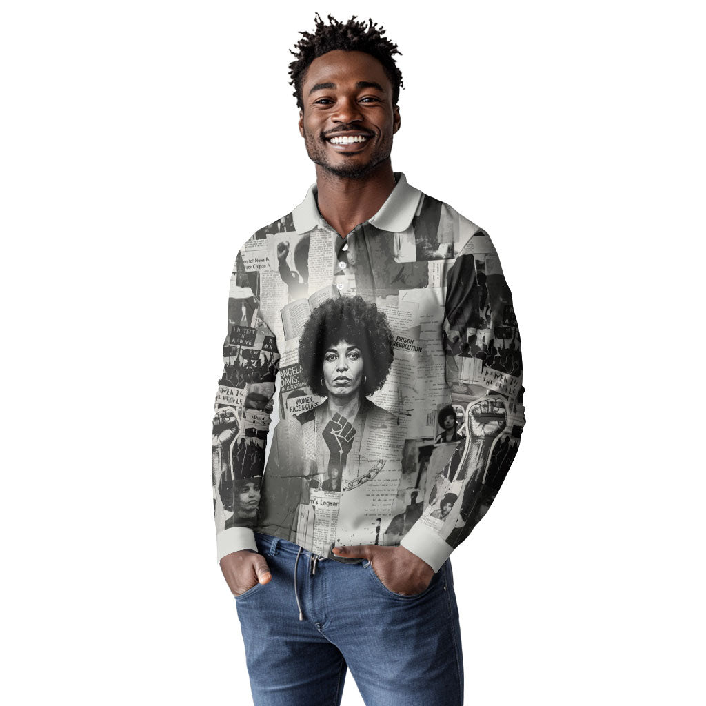 Angela Davis Black History Rights Activism Long Sleeve Polo Shirt Vintage Newspaper Collage Retro Protest Art