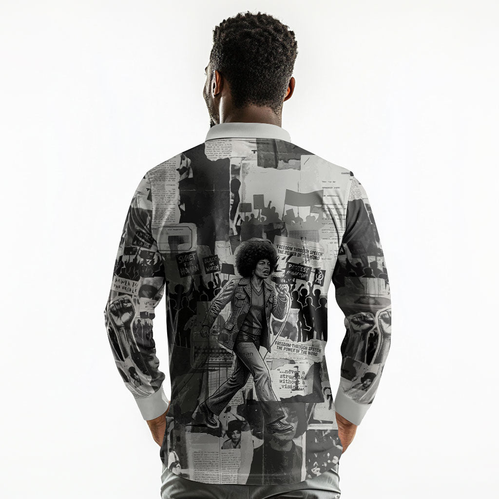 Angela Davis Black History Rights Activism Long Sleeve Polo Shirt Vintage Newspaper Collage Retro Protest Art